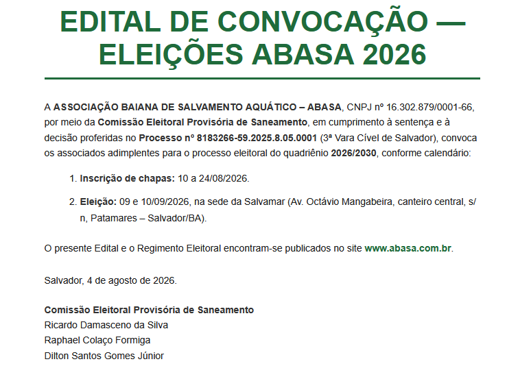 Publicação do Edital no site abasa.com.br
